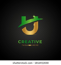 Initial letter U with green and gold color. Luxury slash logo design concept, fit for company and business.