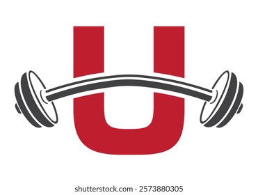 Initial Letter U Gym Logo Design Concept With Straight and Curved Barbell Symbol. Fitness Sign, Bodybuilding, Workout Vector