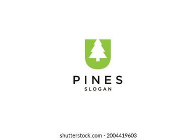 initial letter U with Hemlock, Evergreen, Pines, Spruce, Cedar trees logo design
