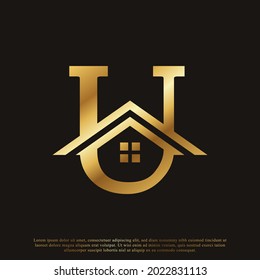 Initial Letter U Home House Golden Logo Design. Real Estate Logo Concept. Vector Illustration