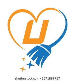 Initial Letter U House Clean Logo Concept With Cleaning Brush and Heart Symbol. Broom Sign