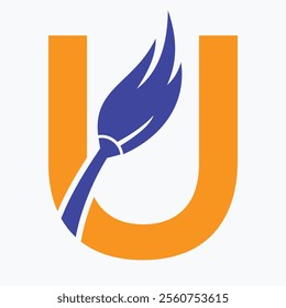 Initial Letter U House Cleaning Logo Concept With Clean Brush Symbol Vector Template