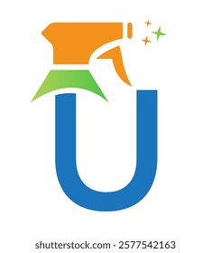 Initial Letter U House Cleaning Logo Concept With Hygiene Sprays Symbol