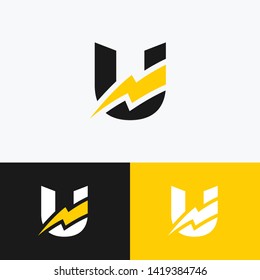 initial letter U icon logo design template with lightning - thunder - bolt - electric - vector