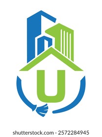 Initial Letter U Industrial Cleaning Logo Concept With Cleaning Brush and Building Symbol. Broom Sign