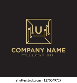 initial letter U inside square boxes line digital technology circuit pattern vector logo design for logo company isolated in black background colors