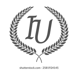 Initial letter I and U, IU monogram logo design with laurel wreath. Luxury calligraphy font.