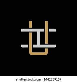 Initial letter I and U, IU, UI, overlapping interlock logo, monogram line art style, silver gold on black background