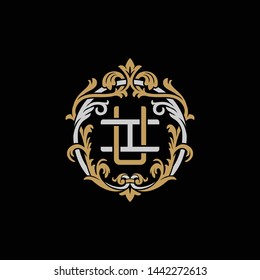 Initial letter I and U, IU, UI, decorative ornament emblem badge, overlapping monogram logo, elegant luxury silver gold color on black background