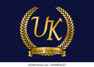 Initial letter U and K, UK monogram logo design with laurel wreath. Luxury golden emblem with calligraphy font.