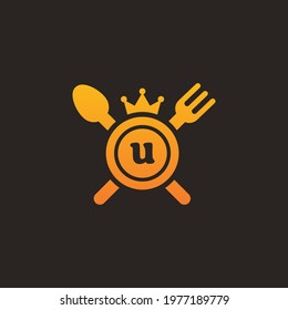 Initial letter U King food Logo Design Template. Illustration vector graphic. Design concept fork,spoon and crown With letter symbol. Perfect for cafe, restaurant, cooking business