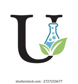 Diseño inicial del logotipo del laboratorio de la letra U combinado con el símbolo del tubo de ensayo y de la hoja
