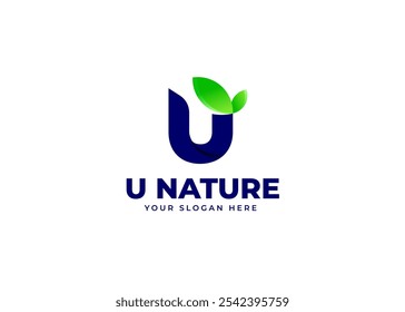 Initial Letter U with Leaf Icon Symbol Logo Inspiration. Green Leaf Symbol on Letter U Logo Design. Green and Natural Branding for Eco Business Identity. Alphabet Vector Logo Illustration.