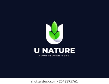 Initial Letter U with Leaf Icon Symbol Logo Inspiration. Green Leaf Symbol on Letter U Logo Design. Green and Natural Branding for Eco Business Identity. Alphabet Vector Logo Illustration.