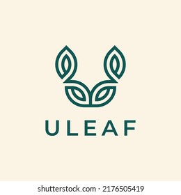 Initial Letter U With Leaf Or Leave Line Outline Logo