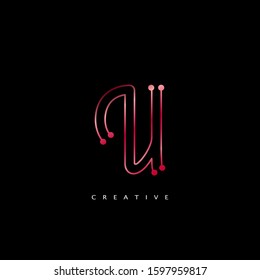 Initial Letter U line Logo Icon Abstract Techno line Vector Design Concept Red Color.