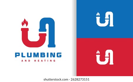 Initial Letter U Logo Combination of Pipes with Fire Details, in Red and Blue Colors
