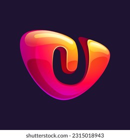 Initial letter U logo cut out of triangle sphere shape. Multicolor metallic arrow icon template. Abstract vector design element. Perfect for play button, fintech identity, sport emblem, delivery app.
