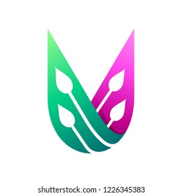 Initial letter U logo design with leaf shape for health, care and nature