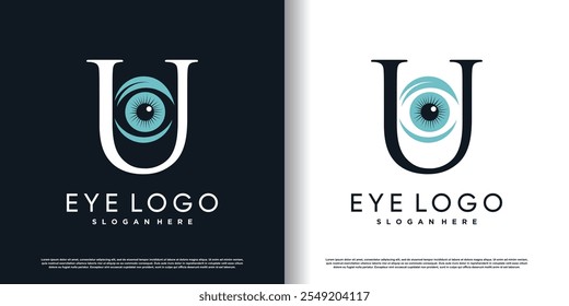 Plantilla inicial del diseño del logotipo de la letra U con el Vector premium del concepto del ojo