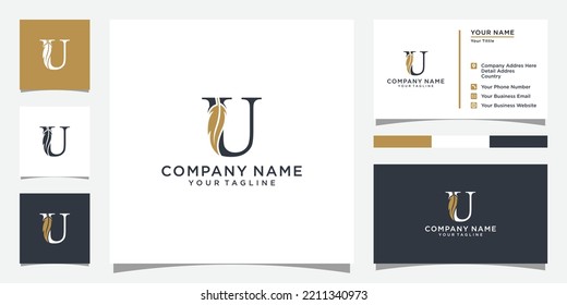 Initial Letter U Logo mit Feder. Trendy Design Konzept Luxus-Feder-Element und Letter U für Unternehmen