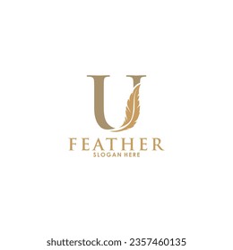 Letra inicial logotipo de U con oro de Feather Luxury, plantilla de logotipo de pluma inicial