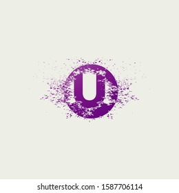 Initial  Letter U Logo Icon Abstract Circle Ink Splatter. Purple Violet ink splash  with letter logo icon on circle shape.