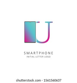 initial letter u logo with smartphone element, phone store logo design vector