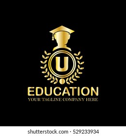 Initial Letter U Luxury Gold Logo in the Circle and Wheat With People Use Academic Gown Icon, This logo is good emblem for education course institute or organization
