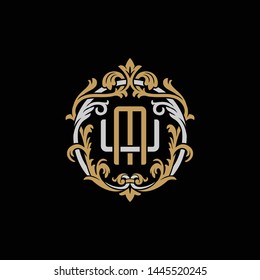 Initial letter U and M, UM, MU, decorative ornament emblem badge, overlapping monogram logo, elegant luxury silver gold color on black background