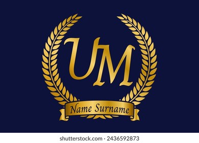 Initial letter U and M, UM monogram logo design with laurel wreath. Luxury golden emblem with calligraphy font.