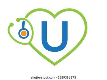 Initial Letter U Medical Logo Concept With Heart and Stethoscope Symbol For Healthcare and Medical Sign