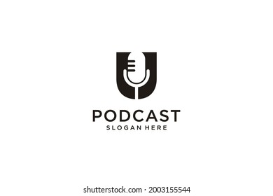 initial letter U with microphone podcast logo design template vector