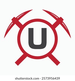 Initial Letter U Mining Logo Combine With Pickaxe Symbol Vector Template