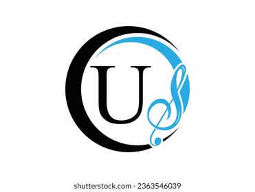 Letra inicial U con logotipo de nota musical. Símbolo musical. emblema de letra. Plantilla moderna de diseño de logotipo vectorial