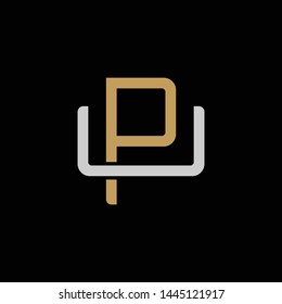 Initial letter U and P, UP, PU, overlapping interlock logo, monogram line art style, silver gold on black background