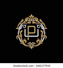 Letra inicial U y P, UP, PU, insignia decorativa de emblema ornamental, logotipo monogramo superpuesto, elegante color dorado plateado de lujo sobre fondo negro