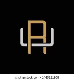 Initial letter U and R, UR, RU, overlapping interlock logo, monogram line art style, silver gold on black background