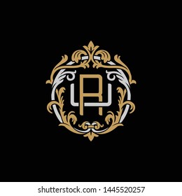 Initial letter U and R, UR, RU, decorative ornament emblem badge, overlapping monogram logo, elegant luxury silver gold color on black background