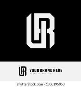 Initial letter U, R, UR or RU overlapping, interlock, monogram logo, white color on black background