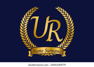 Initial letter U and R, UR monogram logo design with laurel wreath. Luxury golden calligraphy font.