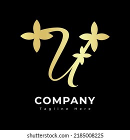 Initial letter U related to leaf  beauty flourish gold color logo design.