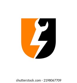 Initial Letter U Repair Wrench And Volt Power Logo Design For Repair, Electrical Sign Vector Template