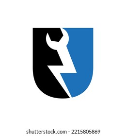 Initial Letter U Repair Wrench And Volt Power Logo Design For Repair, Electrical Sign Vector Template