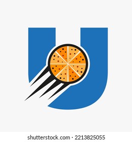 Initial Letter U Restaurant Cafe Logo With Pizza Concept Vector Template