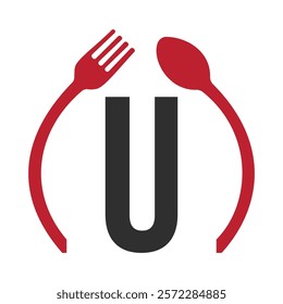 Initial Letter U Restaurant Logo Design Concept With Spoon and Fork Symbol Vector Template