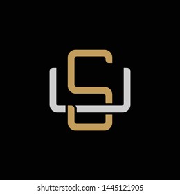 Initial letter U and S, US, SU, overlapping interlock logo, monogram line art style, silver gold on black background