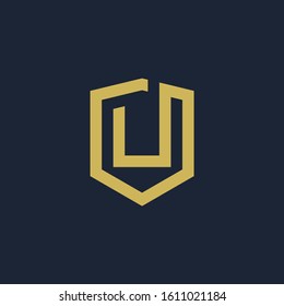 initial Letter U with Shield frame line art element. Shield Line geometry  for Security logo. Logo Icon Template for Web and Business Card, Letter Logo Template on Black Background. - vector