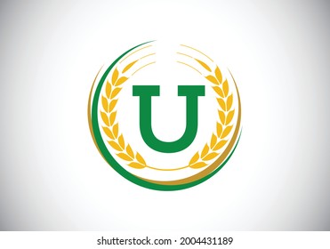Initial letter U sign symbol with wheat ears wreath. Organic wheat farming logo design concept. Agriculture logo design vector template.