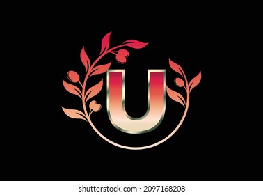 Initial letter U sign symbol with olive branch wreath, Round floral frame made by the olive branch